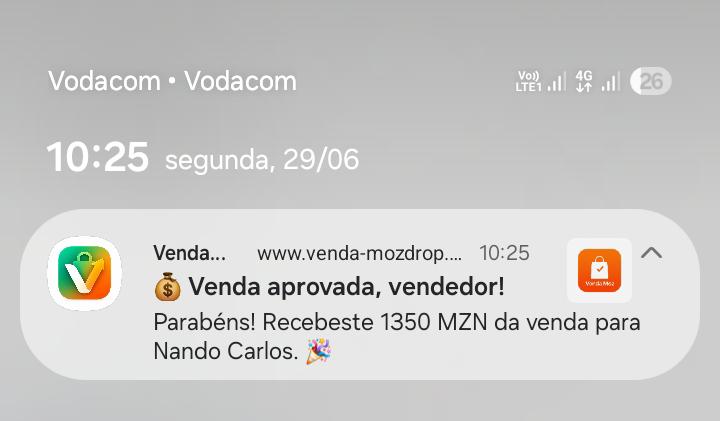 Notificação real: Venda aprovada, vendedor recebeu 1.350 MZN